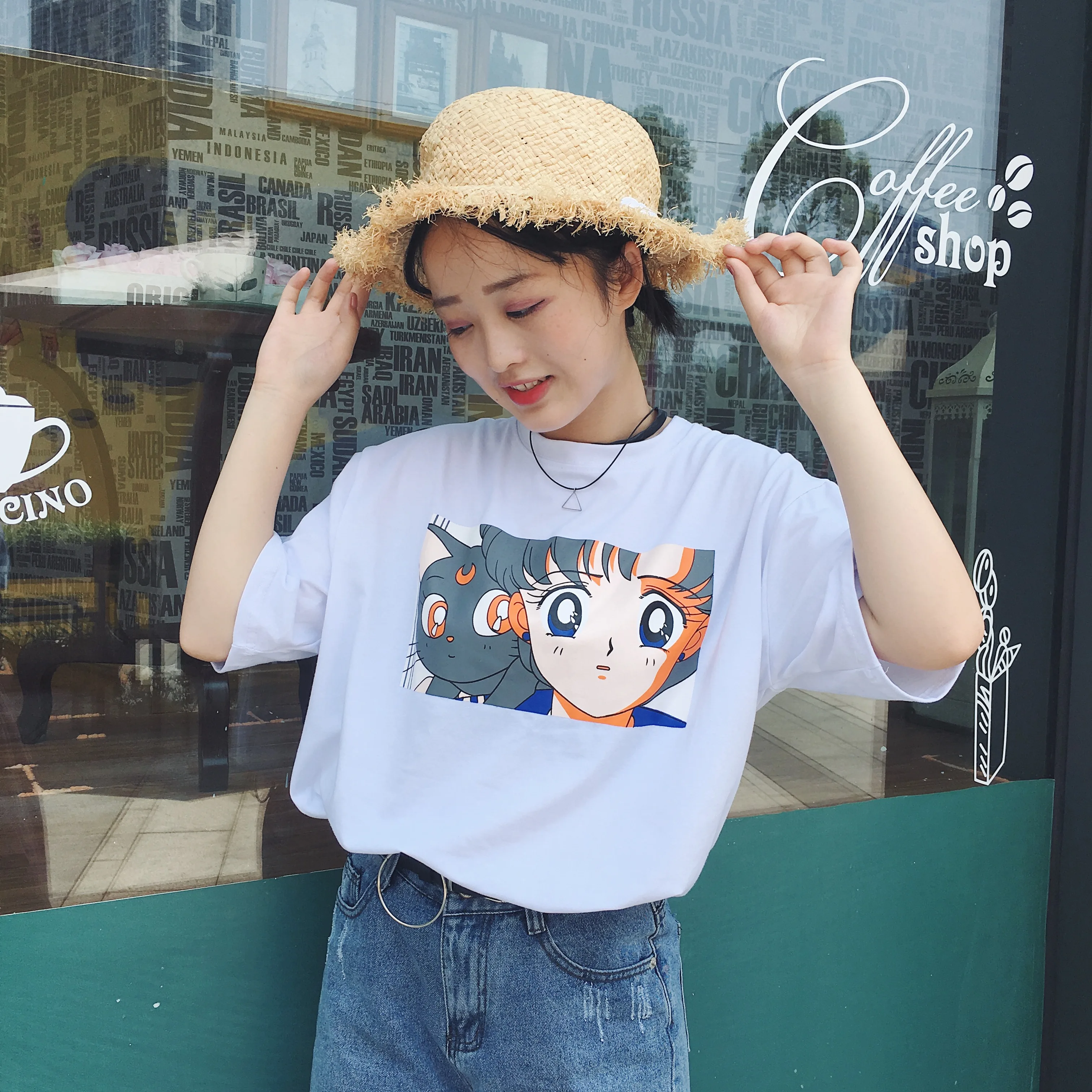 Женские футболки 2021 летние женские в Корейском стиле Ulzzang Harajuku с мультяшным