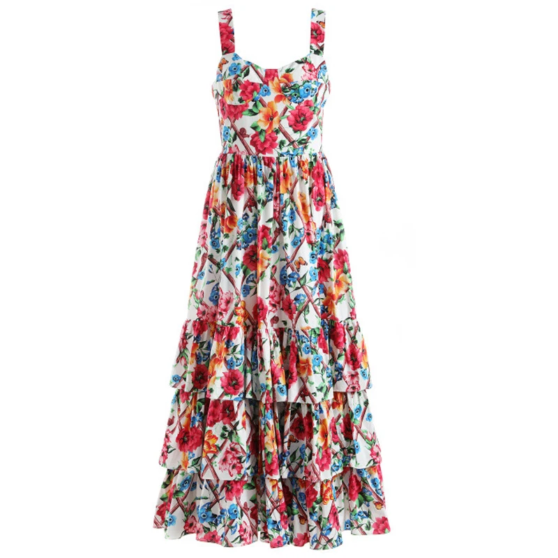 Летнее винтажное женское платье с цветочным принтом 2019 подиум без рукавов