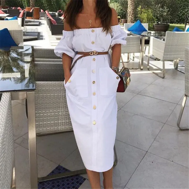 2018 белое летнее платье для женщин с открытыми плечами Sexy бретелек Midi платья