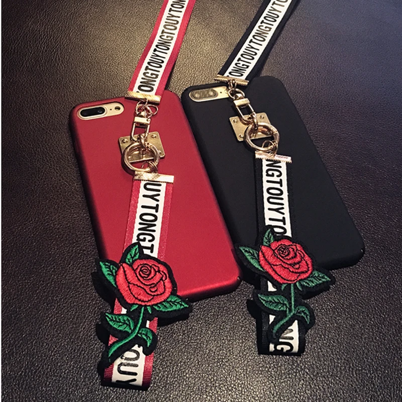 for iPhone 11 pro max X Xs 8 plus 7 6 6s Plain Color Red Matte Hard PC Case Cover 3D Flower Patterned Neck Wrist Strap Lanyard | Мобильные