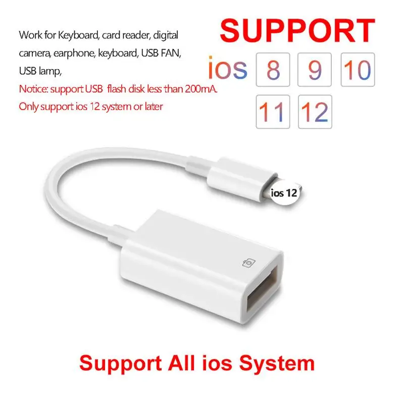 ios 12 Адаптер OTG USB для камеры lightning USB кабель наушники конвертер Электрический пианино MIDI клавиатура для iphone 7 8 ios 13 адаптер - Цвет: ios 12