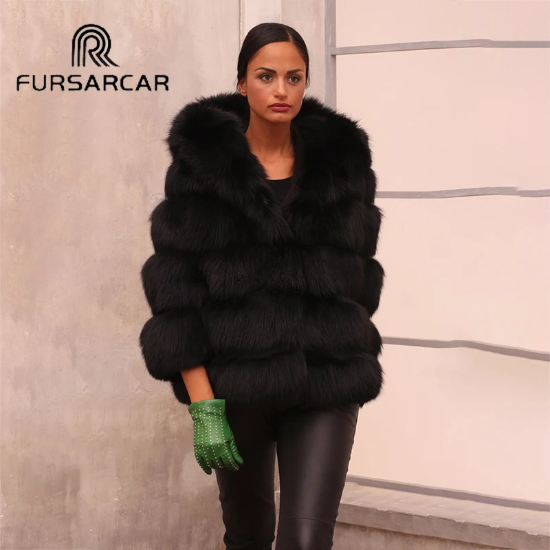 FURSARCAR 65 см длинные натуральным лисьим мехом пальто Для женщин зимние
