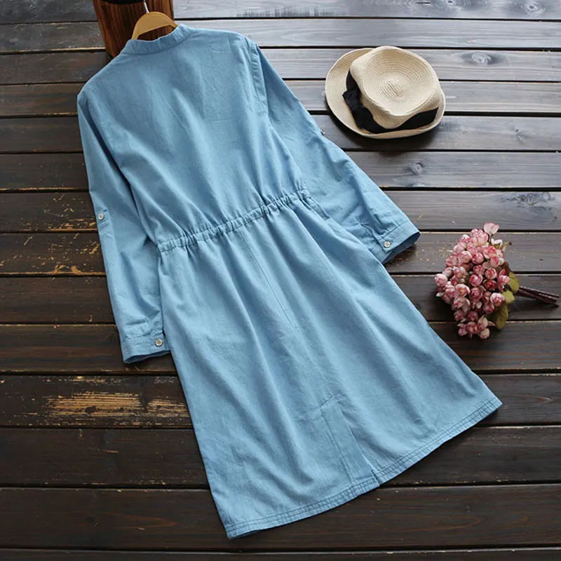 HEE GRAND/женские летние джинсовые платья с карманами воротником-стойкой длинными