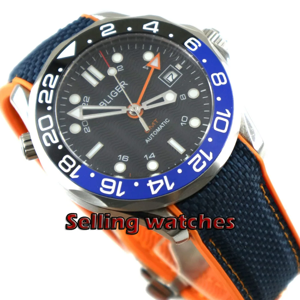 

41mm bliger navy black dial GMT date ceramic bezel sapphire glass deploymenat clasp automatic mens watch