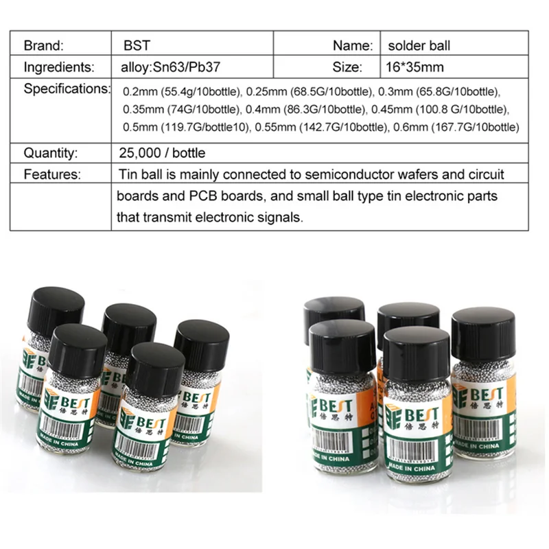 BGA шарики(0,2 0,25 0,3 0,35 0,4 0,45 0,5 0,55 0,6 0,65) BGA припой мяч этилированные Инструменты для ремонта BGA Rework BST-505