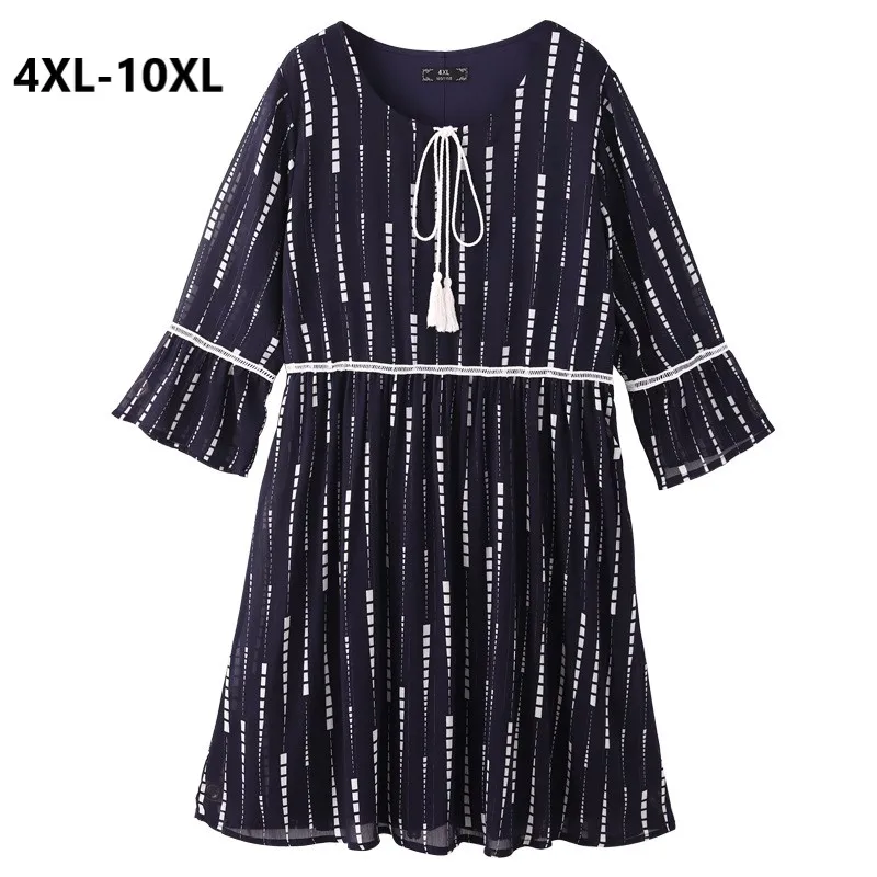 

Plus Size 10XL 9XL 8XL 4XL Women Spring Flare Sleeves Dress Elegant OL Chiffon Print Patchwork Lace Top Sliming Dress Feminina