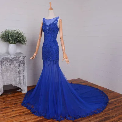 royal blue Ходить рядом с вами зеленые платья на выпускной Кружева Аппликация из бисера Русалка рукавов суд Поезд длинное вечернее платье vestido de noiva - Цвет: royal blue