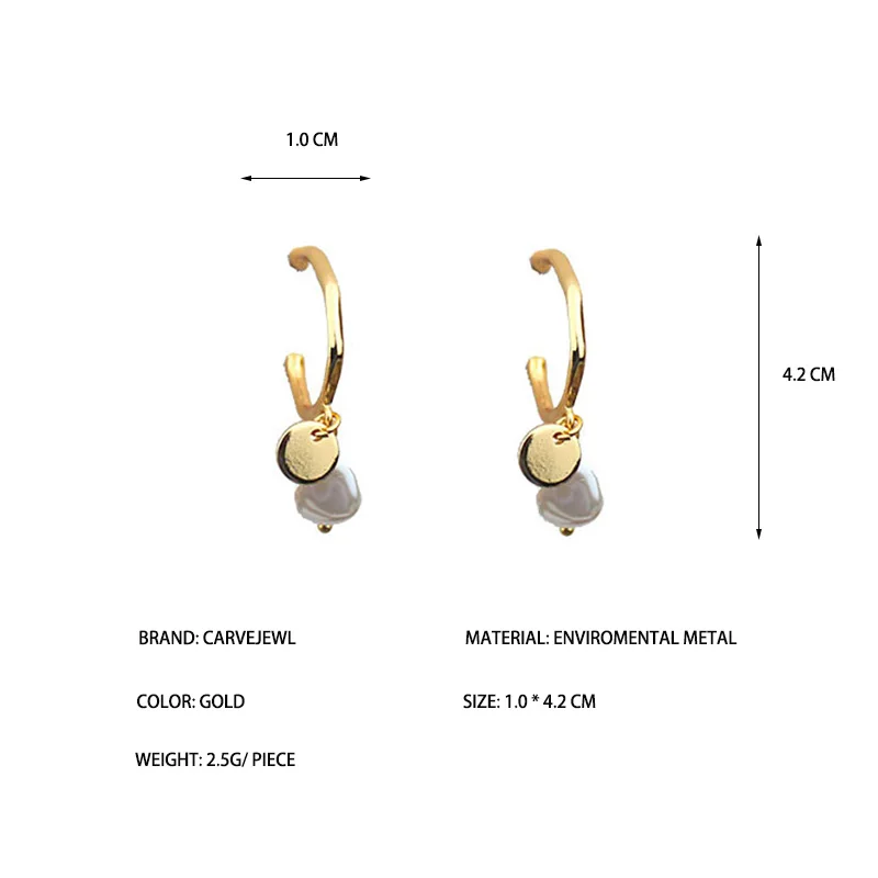Carvejewl Japanese Korea design Unique C shape dangle earrings irregular simulated pearl metal round disc pendant drop | Украшения и