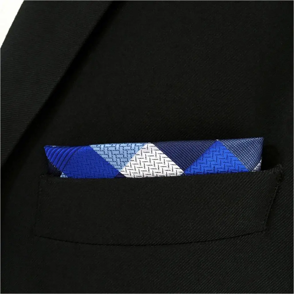 KH02 Checked Blue Mens Pocket Square Fashion Hanky Silk Jacquard Woven Dress | Аксессуары для одежды