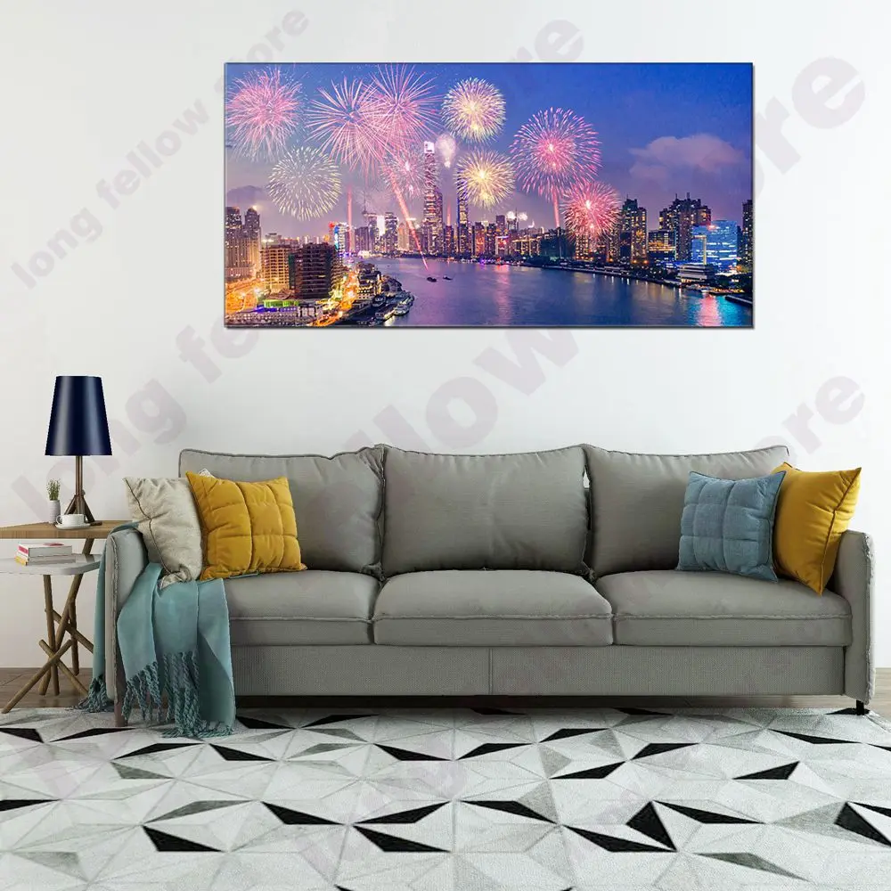 

City Nightscape Fireworks Show Pictures Wall Art Modern Home Decorations Large Posters and Prints Artwork Hallway Drop Shipping
