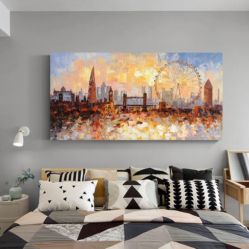 

Hand painted London Skyline oil painting On Canvas modern abstract impasto texture cityscape wall art pictures for living room