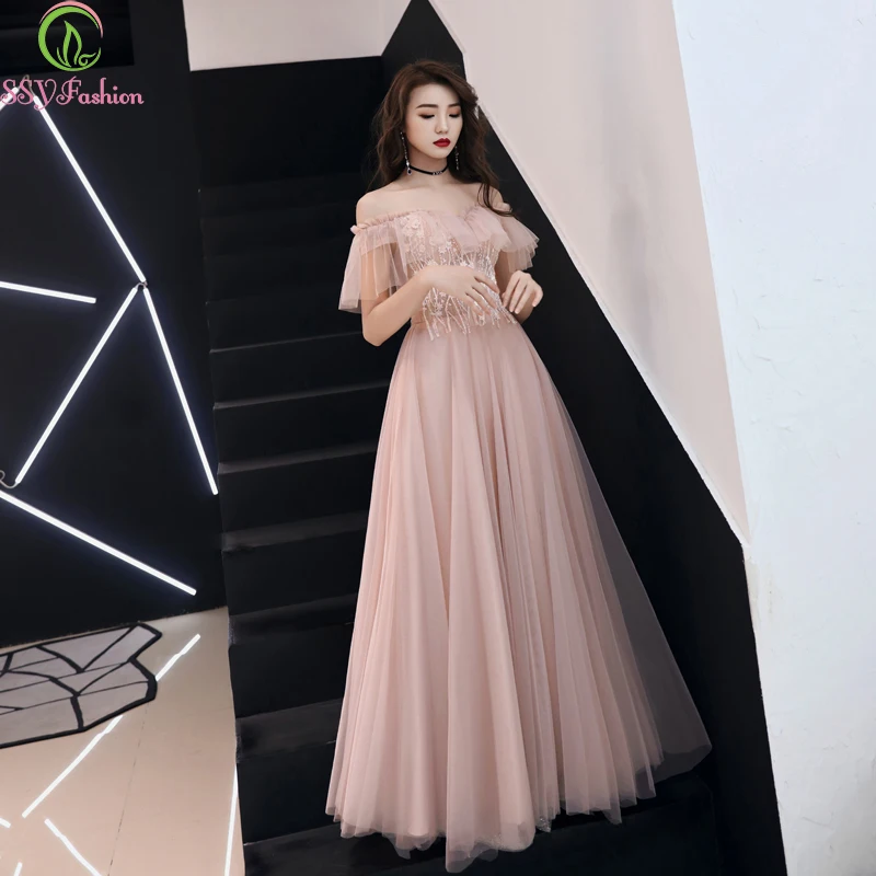 

Женское платье для выпускного SSYFashion, розовое элегантное платье до пола с вырезом лодочкой, кружевной аппликацией и бисером, для торжественн...