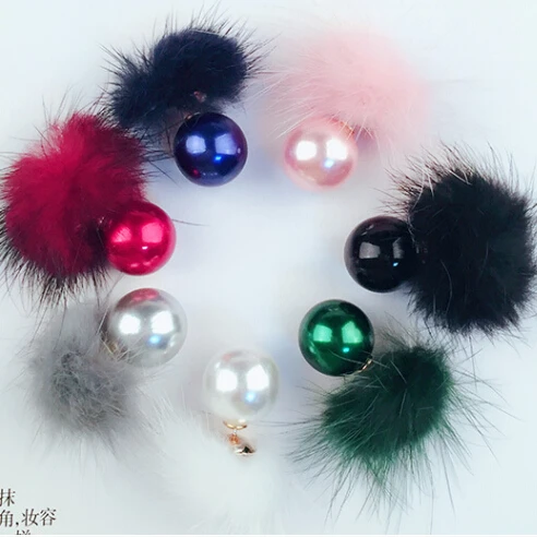 

Hot Sale Fashion Real Mink Fur Ball Silver Pearl Stud Earring for Women Girls
