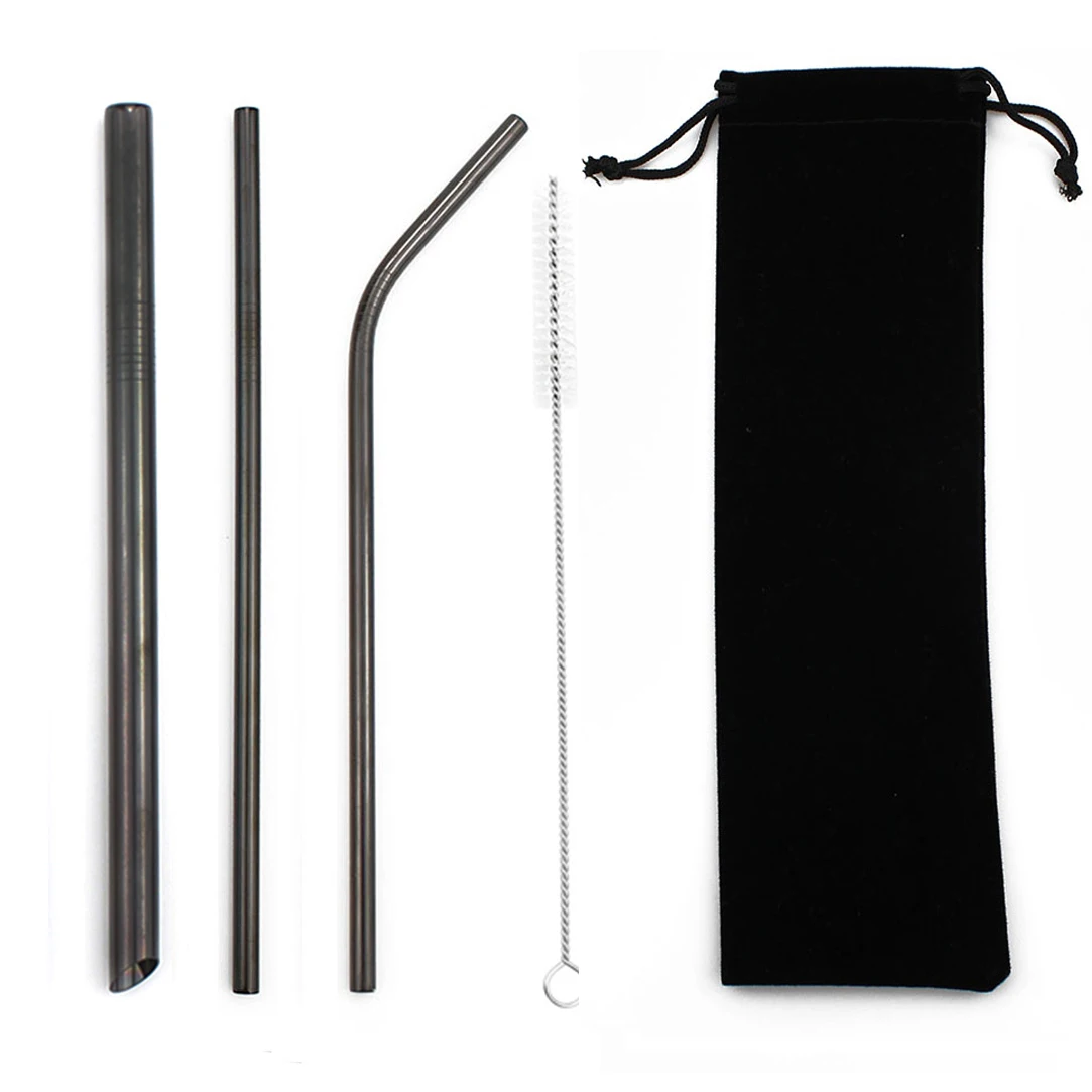 Black 5pcs Reusable 304 Stainless Steel Rainbow Straw Metal Smoothies Drinking Straight Straws Silicone Cover with Brush Bag Wholesale - Цвет: Black