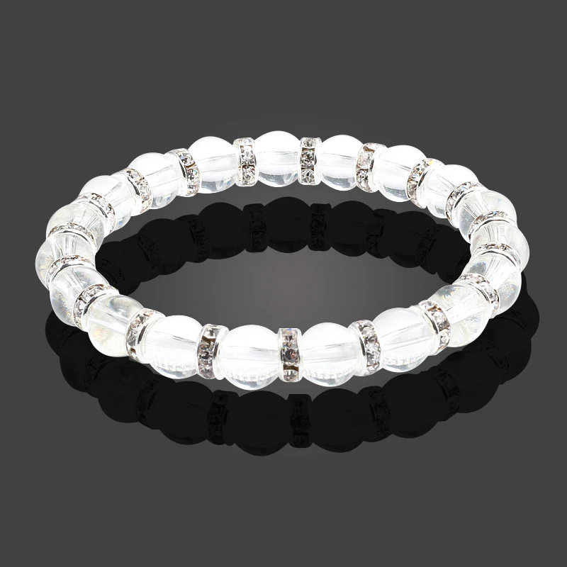 silver white Серебряные стразы, круглые прозрачные белые бусины, браслеты из натурального камня, растягивающиеся мужские и женские браслеты, круглые бусины, эластичные украшения - Окраска металла: silver white