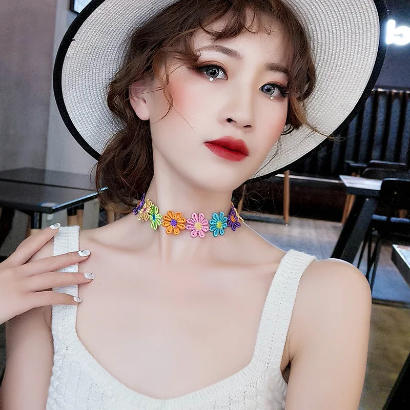 New Multicolor Sunflower Chokers Necklaces for Women Girl Lace Jewelry Daisy Flower Choker Lover Gift Chain Jewellery Fashion | Украшения и