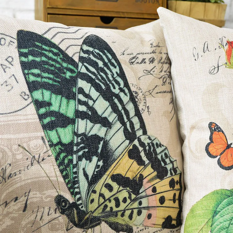 Американский кантри Цветочная подушка птица с бабочкой льняная наволочка