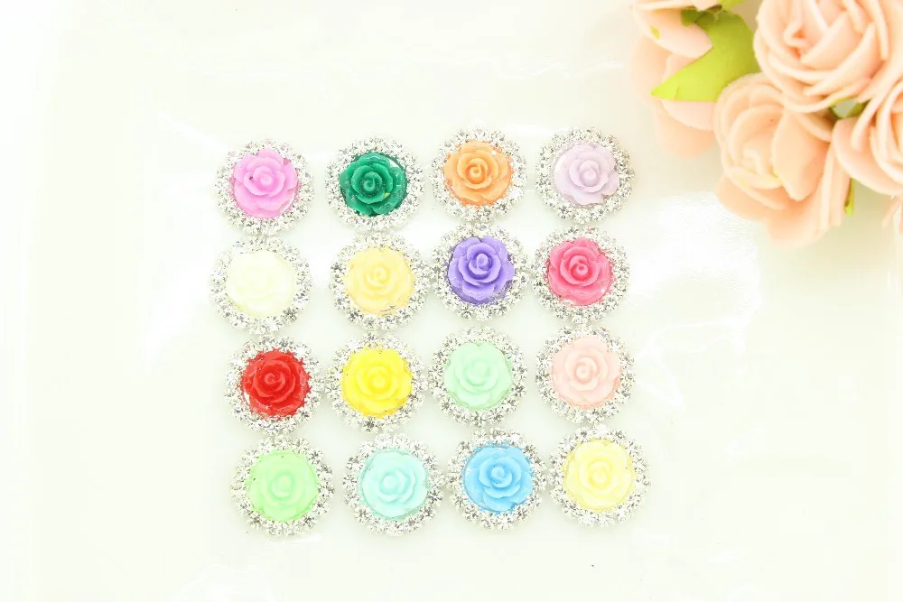 

Pearl buttons 100pcs 21mm 16colors metal rhinestone button with resin flower center diamante for embellishment wholesale
