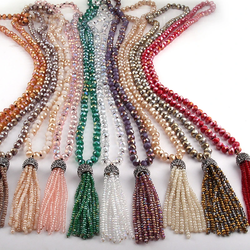 

Wholesale Fashion Bohemian Tribal Jewelry Long knotted 5X8 Glass Crystal Tassel Necklace