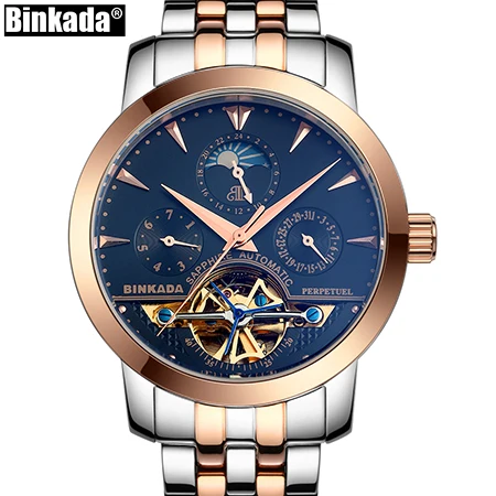 Gold Black Скелет Бизнес Мужские автоматические часы Топ люксовый бренд спорт Tourbillon механические розовое золото повседневные само ветер BINKADA часы - Цвет: Gold Black