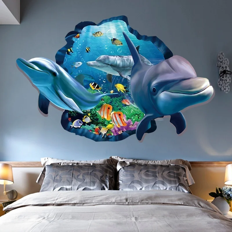 3d Effect Underwater World Dolphin Fish Background Wall Stickers Living Room Bedroom Sofa Decoration|Наклейки на стену| |