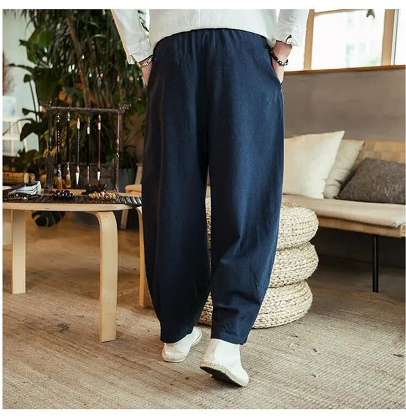 Большие размеры 6XL 7XL мужские широкие брюки хлопковые льняные свободные шаровары летние чистые брюки мужские свободные штаны на шнурке
