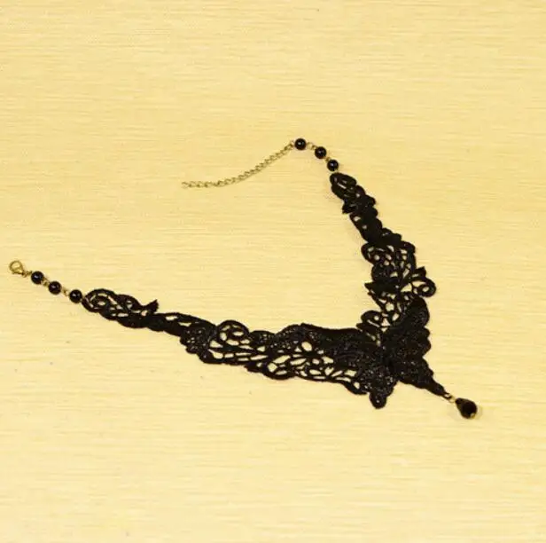 2016 Fashion Vintage Palace Gothic False Collar Black Beads Gem Butterfly Lace Necklace &amp Pendants Short Choker Necklaces Women |