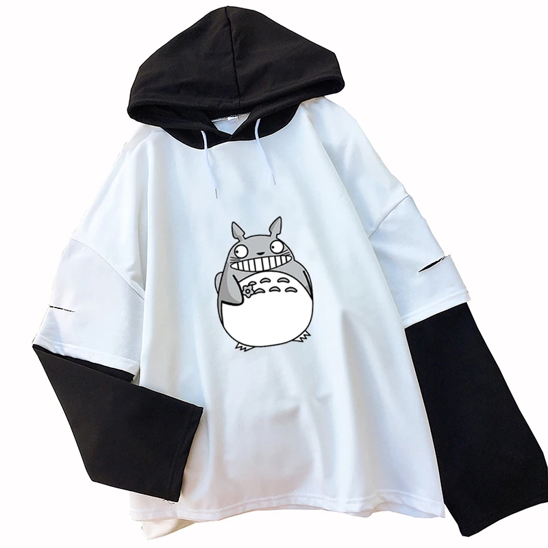 

Kpop Autumn New Fashion Long Sleeve Shirt Women Loose Casual Kawaii Totoro Hooded Tops Female Harajuku Spell Color Raglan Tshirt