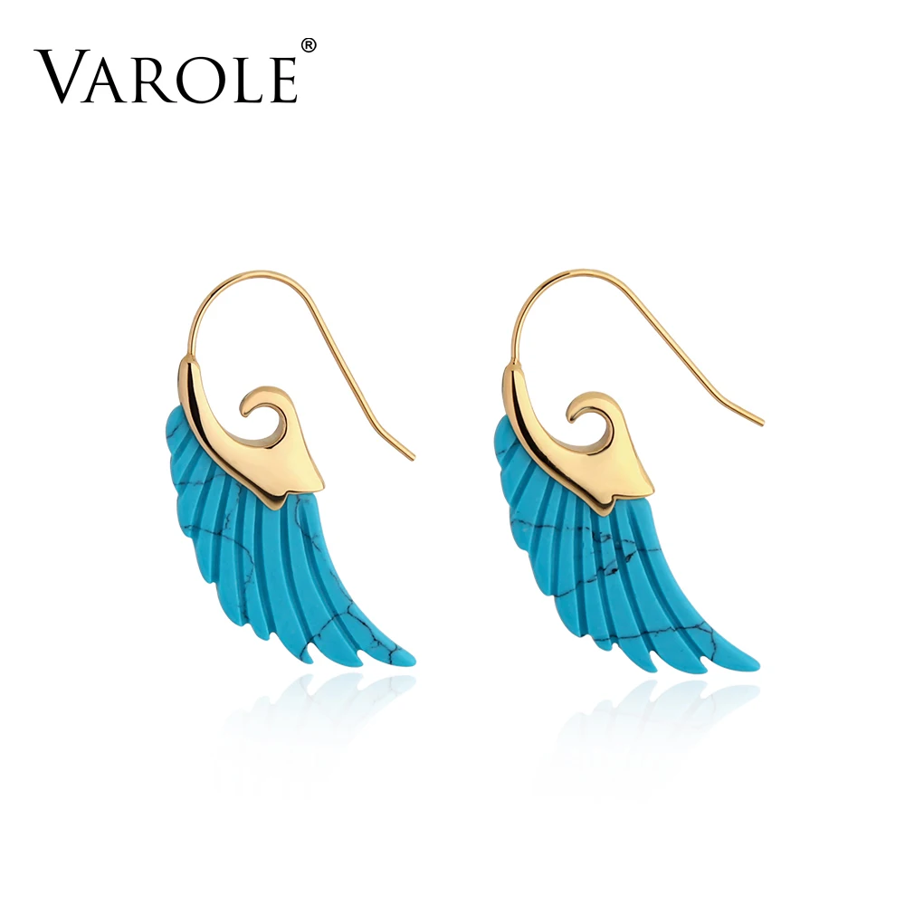 Turquoise VAROLE, цветные серьги с натуральным камнем и перьями, уникальные, длинные висячие серьги золотистого цвета для женщин, Серьги Brincos - Окраска металла: Turquoise