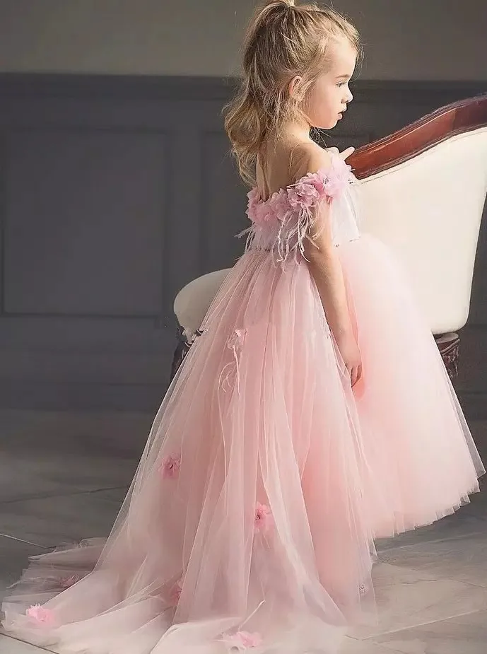BONJEAN Pink Tulle High Low Flower Girls Dresses For Wedding Princess 3D Boat Neck Fisrt Communion Dress Party | Свадьбы и торжества