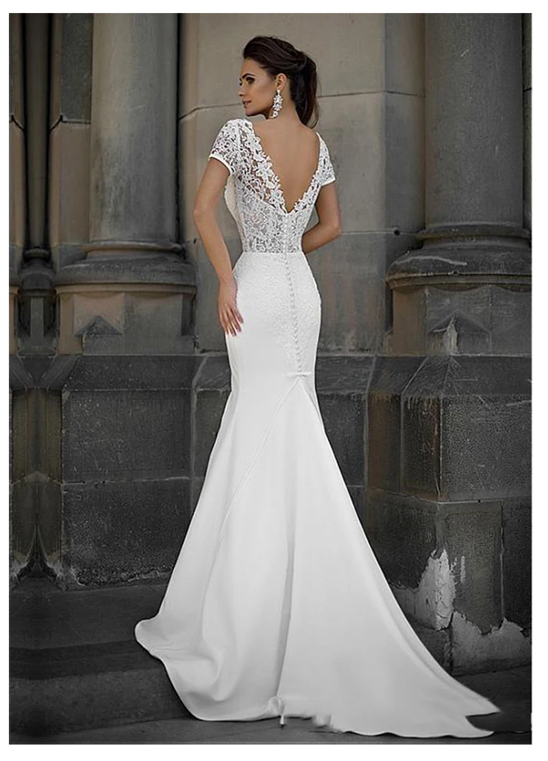 LORIE/свадебное платье русалки с короткими рукавами, Vestidos de novia, Винтажный кружевной топ с v-образным вырезом, свадебное платье, свадебные платья без спинки