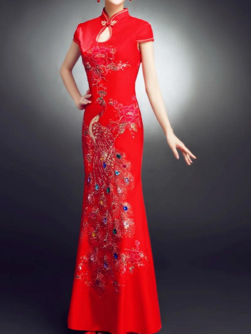 Gules невесты Cheongsam жениться Вечернее Платье Весна длинным Фонд рыбий хвост