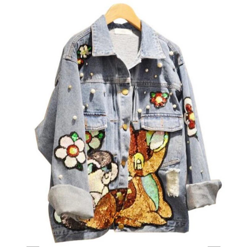 Женская джинсовая куртка бомбер с вышитыми цветами и блестками|bomber flower|denim coatsequin
