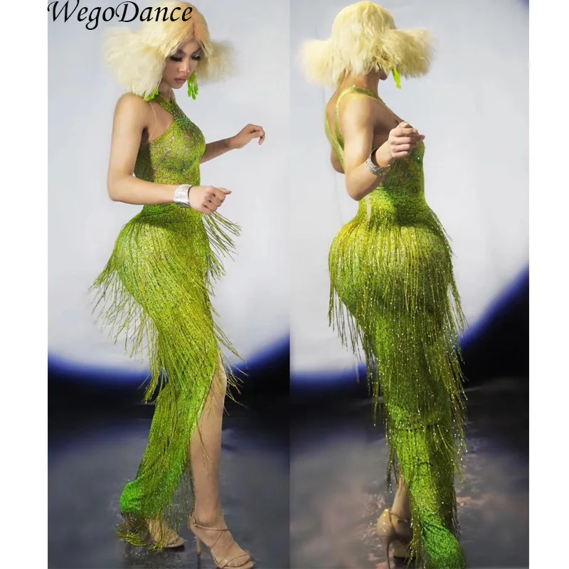 

new Fashion Green Fringes Women Evening Birthday Celebrate Tassel Dress Nightclub Stage Women Singer Dancer costume