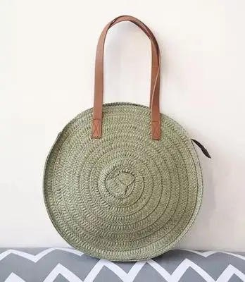 green Винтажные повседневные круглые соломенные сумки для женщин из ротанга, плетеные женские сумки на плечо, Большая вместительная сумка-тоут, летняя пляжная сумка для путешествий - Цвет: green
