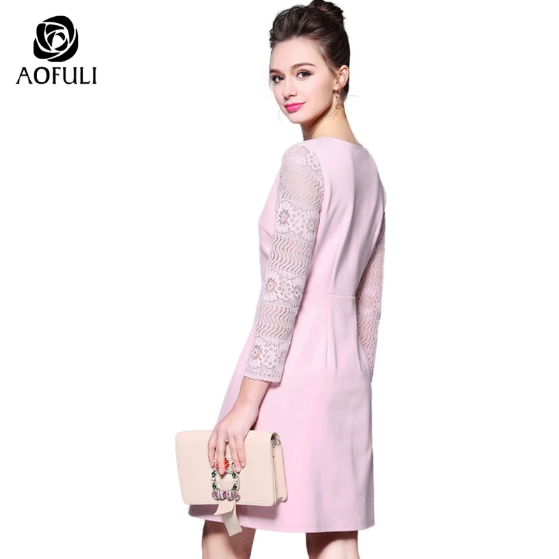 L~ XXXL 4XL 5XL Bird And Moon Beadings Women Casual Dress Big size New Autumn Lace Sleeves Pink AOFULI 9056 | Женская одежда