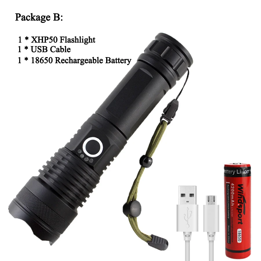 With Battery Портативный мощный светодиодный светильник-вспышка XHP50.2, светодиодный фонарь с зумом, светильник-вспышка 18650, перезаряжаемый аккумулятор, ручной светильник, водонепроницаемый для охоты - Испускаемый цвет: With Battery