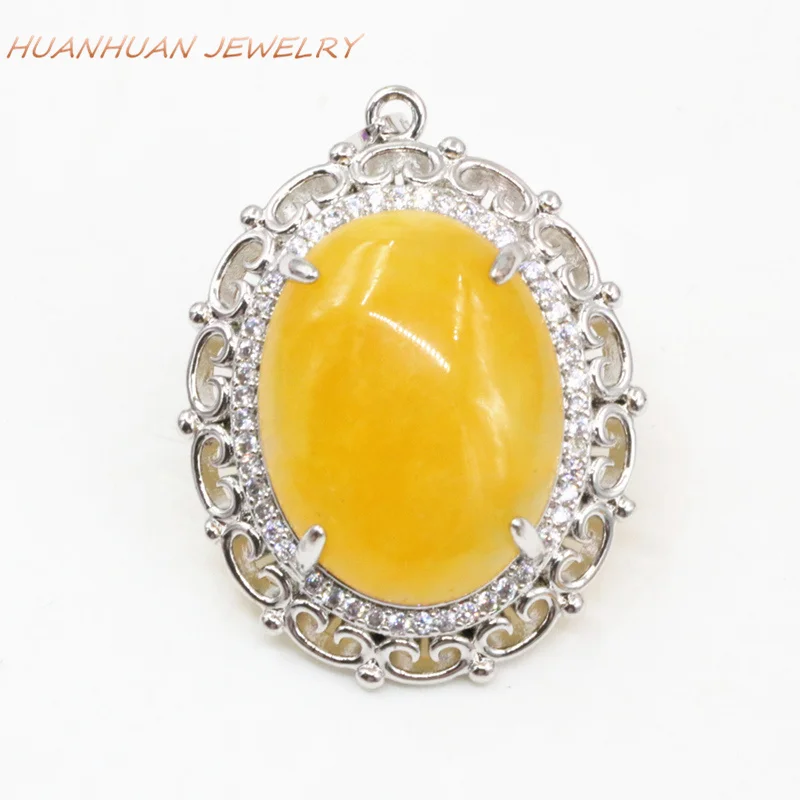 Stainless Steel Chain Pendant Necklace Women Zircon Inlay Natural Yellow Jades Stone Chalcedony Necklaces Pendants 28x35mm B3319 | Украшения