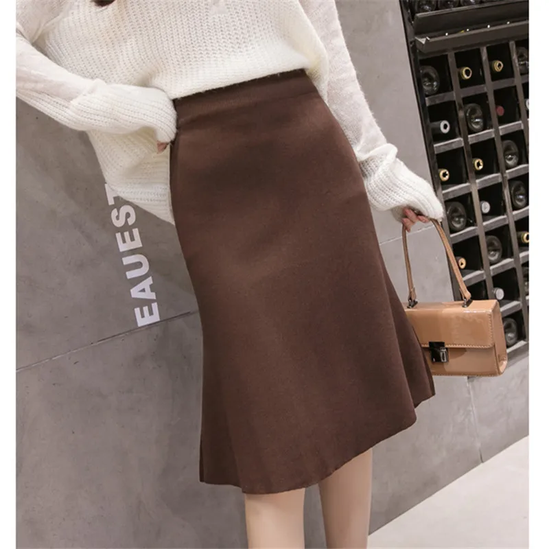 Faldas mujer moda Новая мода осень Русалка рыбий хвост длина до колена искусственный шелк трикотажная сексуальная высокая талия обёрточная повязка юбка - Цвет: Коричневый
