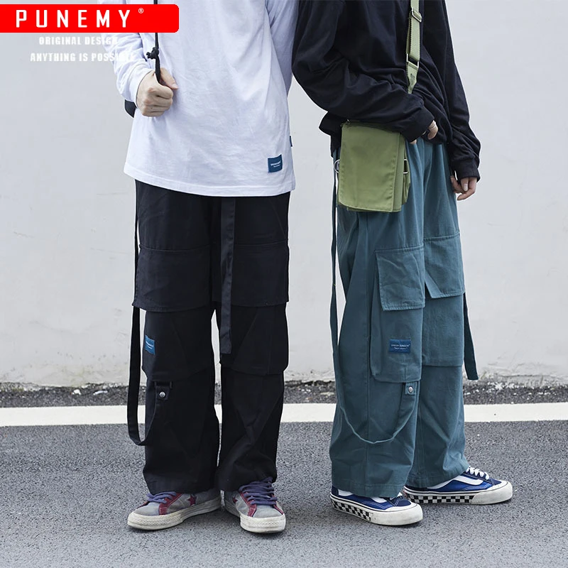 Мужские брюки карго мульти-карманы пояс хип-хоп негабаритный Harajuku Японская
