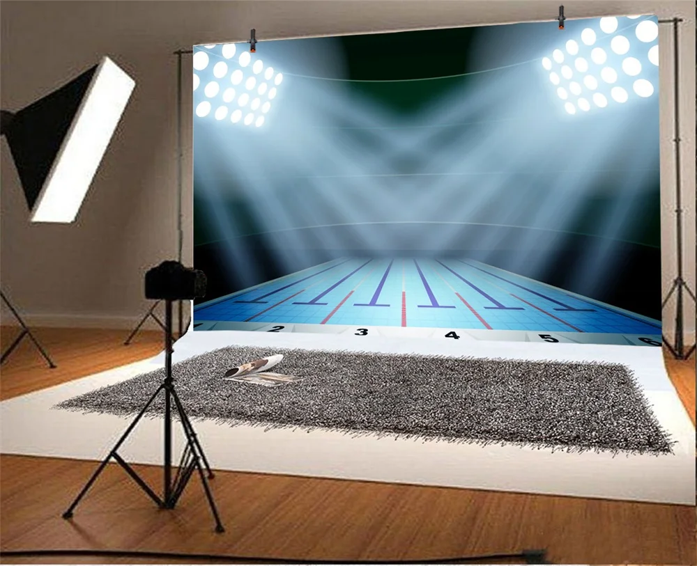 Laeacco Stadium Interior Swimming Pool Lighting Scene Photography Backgrounds Customized Photographic Backdrops For Photo Studio |