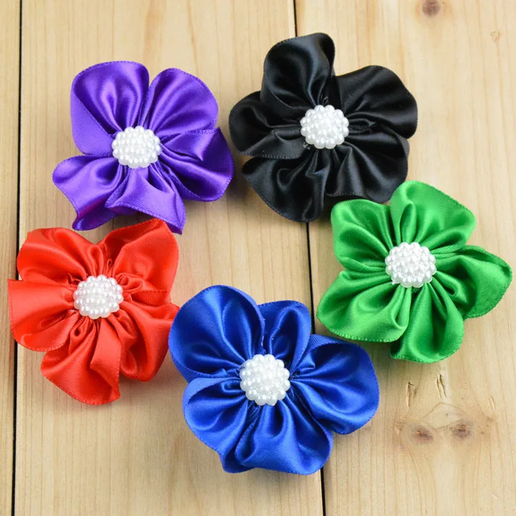 

100 pcs/lot free shipping, DIY Ribbon hair flowers with pearl 2.1 inch