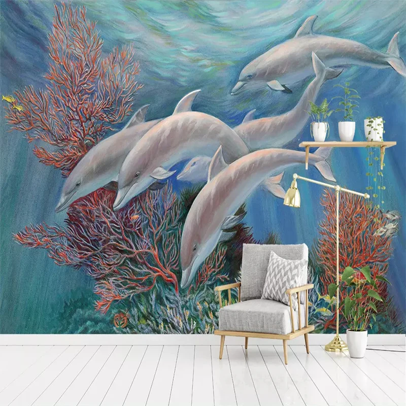 

Custom 3D Silk Wallpaper child Photo Mural Wallpaper Roll Sea Cartoon Dolphin Home Decor For Kids Room Bedroom Wall Paper For 3D