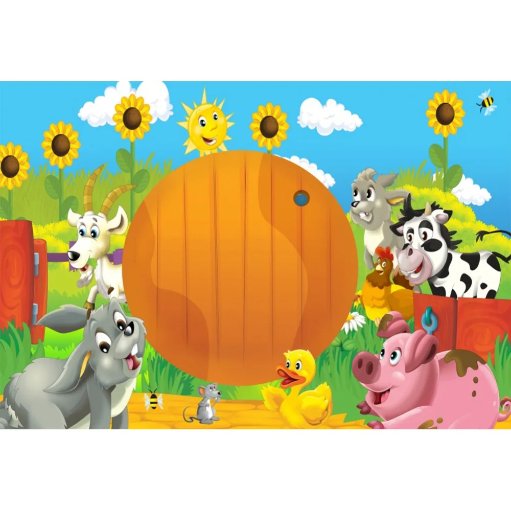 Laeacco Baby Cartoon Happy Birthday Party Farm Grass Animals Banner Photographic Backdrops Photography Backgrounds Photo Studio |
