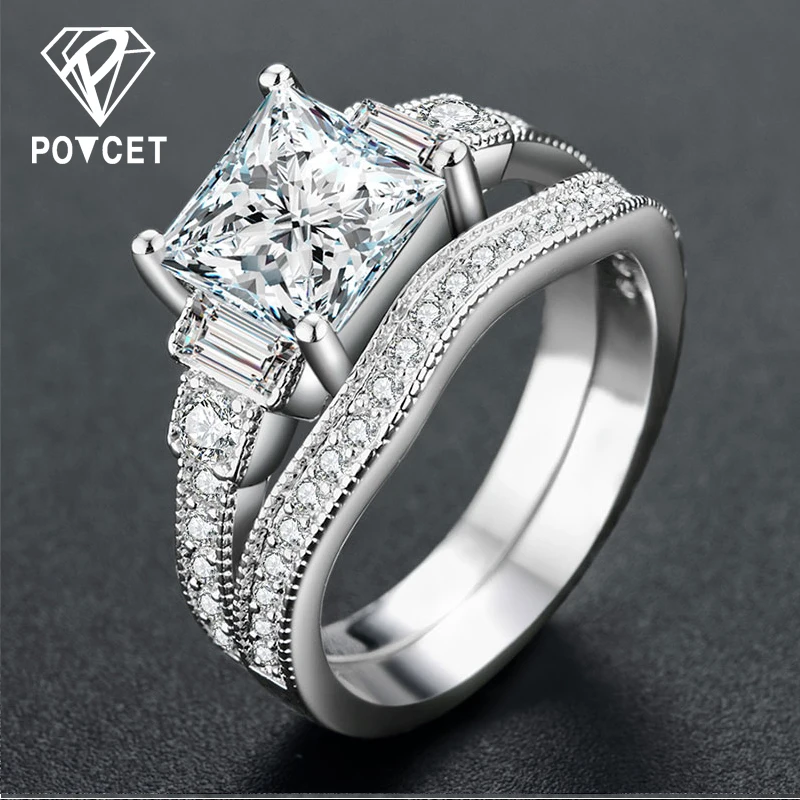POTCET White Gold Color Rings for Women Wedding Geometric Square AAA Zircon Trendy Romantic Jewelry Bague Bijoux Size 6-10 R1124 | Украшения
