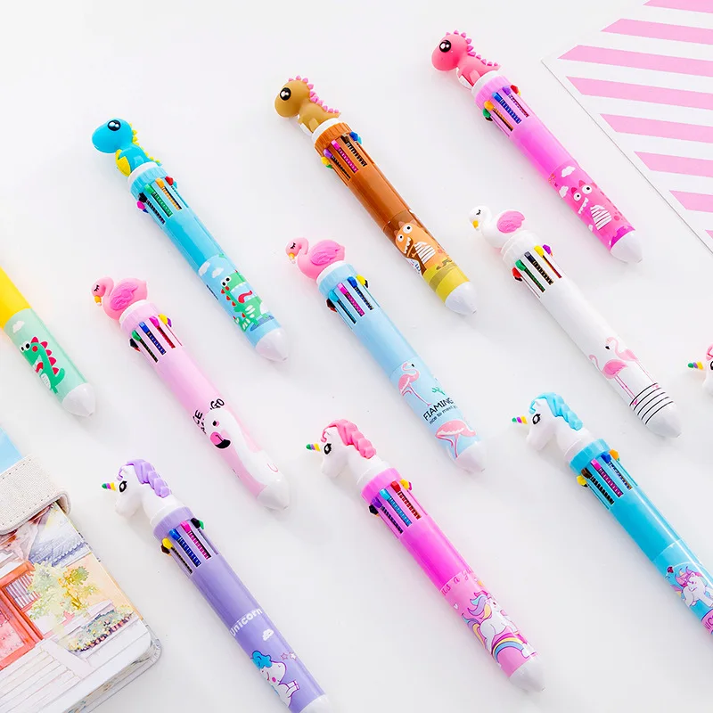 

16 Pcs ball pens Flamingo Unicorn dinosaur cartoon head 10 colors ballpoint pen Graffiti pen Student school supplies Wholesale