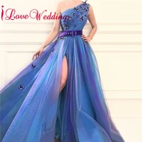 sexy one shoulder evening dress butterfly applique custom made formal long blue tulle evening dresses