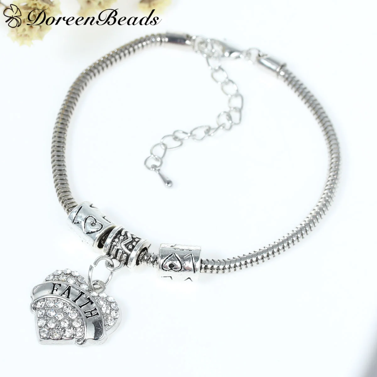 DoreenBeads European Snake Chain Charm Bracelets Heart Pendant Antique Silver Message &quotFAITH&quot &amp &quotLove&quot Carved 20cm long 1 PC |