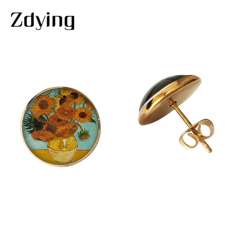 ZDYING Starry Night Van Gogh Sunflower Stud Earrings Glass Pattern Dome Stainless Steel Gold Color Ear Studs Gift VG001 | Украшения и
