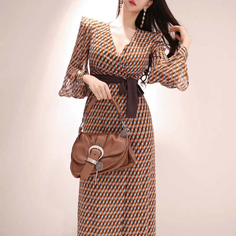 2019 New Summer Women Long dresslt Full Sleeve V-Neck Prevent Bask In Waist Split Dresses Cafe Orange 1905 | Женская одежда